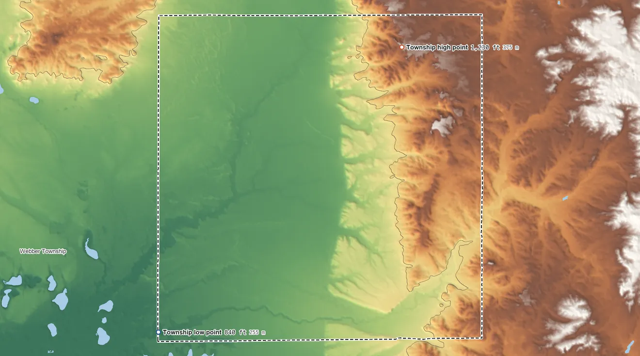 Topographic elevation map of Cherry Valley Township, Michigan, shaded from 840 ft on the southwest side to 1,230 ft on the northeast side