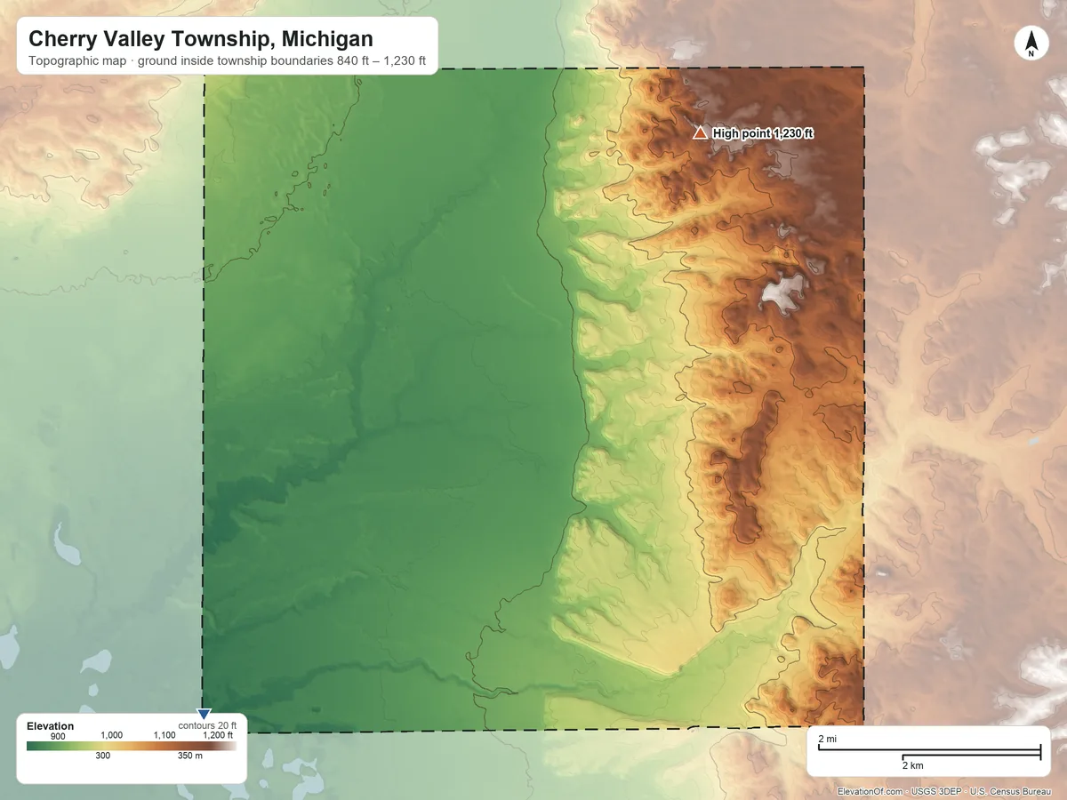 Topographic elevation map of Cherry Valley Township, Michigan, shaded from 840 ft on the southwest side to 1,230 ft on the northeast side