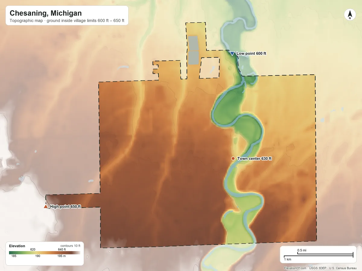 Topographic elevation map of Chesaning, Michigan, shaded from 600 ft on the north side to 650 ft on the west side