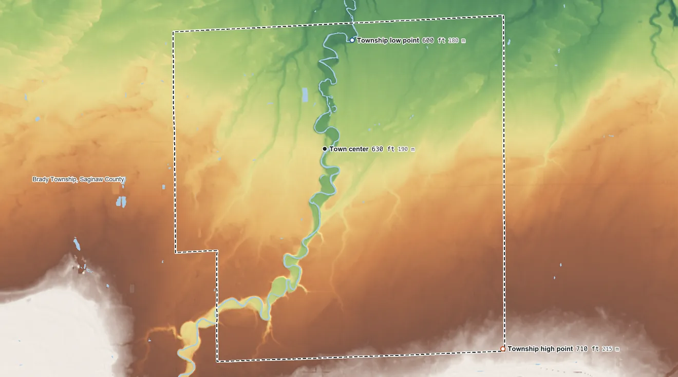 Topographic elevation map of Chesaning Township, Michigan, shaded from 600 ft on the north side to 710 ft on the southeast side