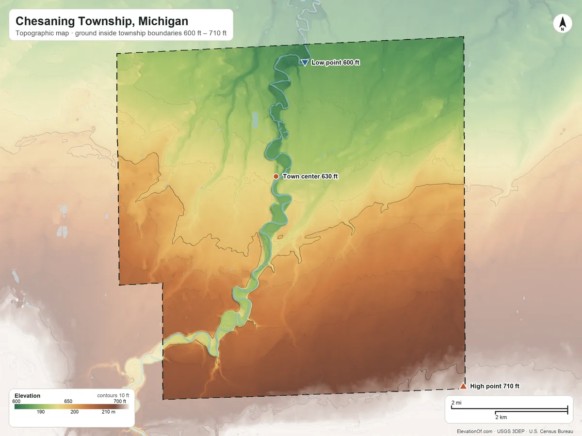 Topographic elevation map of Chesaning Township, Michigan, shaded from 600 ft on the north side to 710 ft on the southeast side