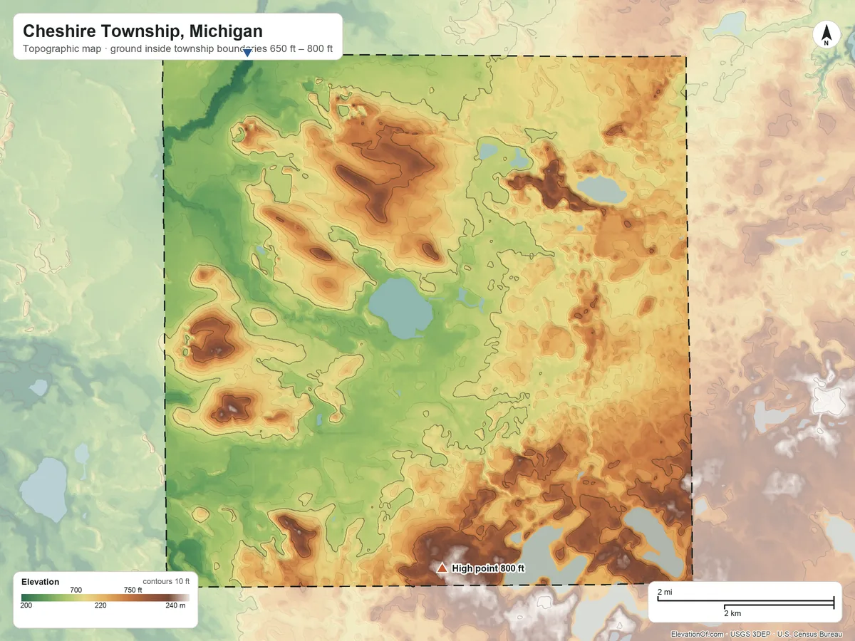 Topographic elevation map of Cheshire Township, Michigan, shaded from 650 ft on the northwest side to 800 ft on the south side