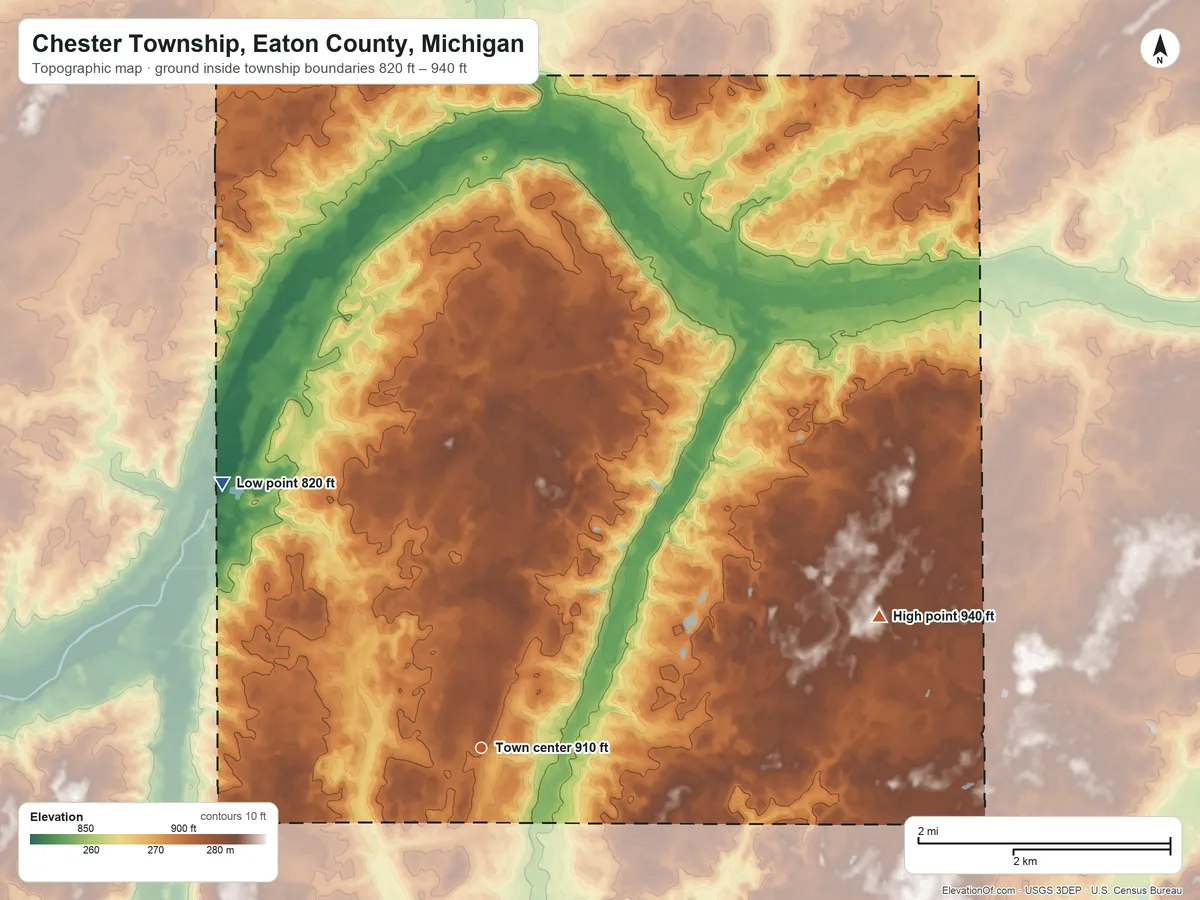 Topographic elevation map of Chester Township, Eaton County, Michigan, shaded from 820 ft on the northwest side to 940 ft on the east side