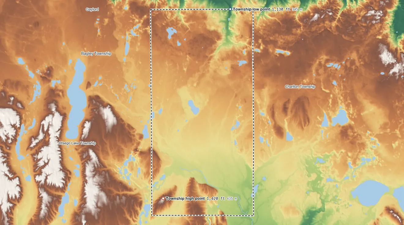 Topographic elevation map of Chester Township, Otsego County, Michigan, shaded from 1,130 ft on the north side to 1,420 ft on Redner Hill