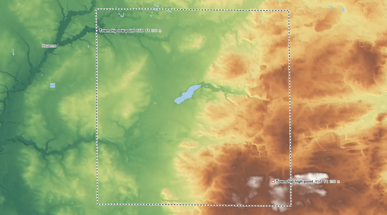 Topographic elevation map of Chester Township, Michigan, shaded from 660 ft on the northwest side to 950 ft on the southeast side