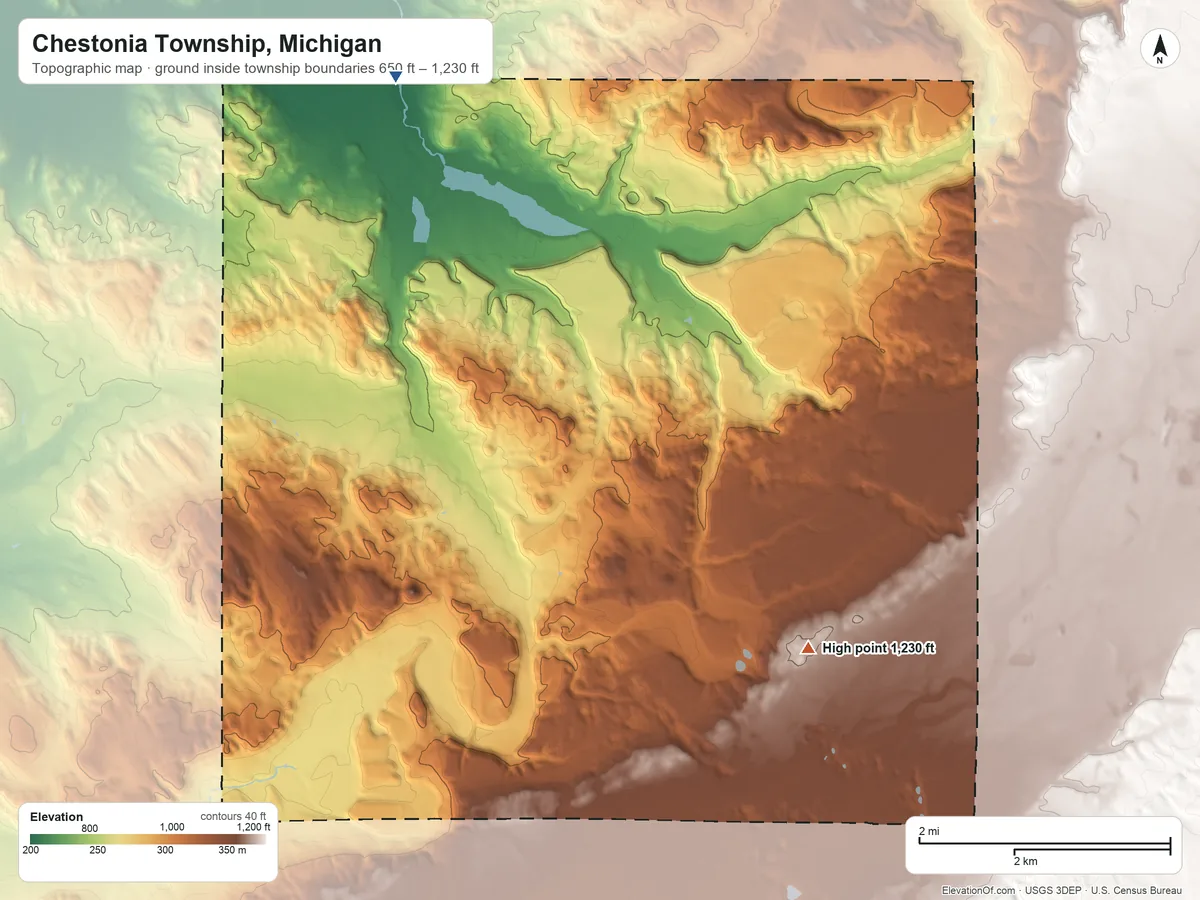 Topographic elevation map of Chestonia Township, Michigan, shaded from 650 ft on the northwest side to 1,230 ft on the east side