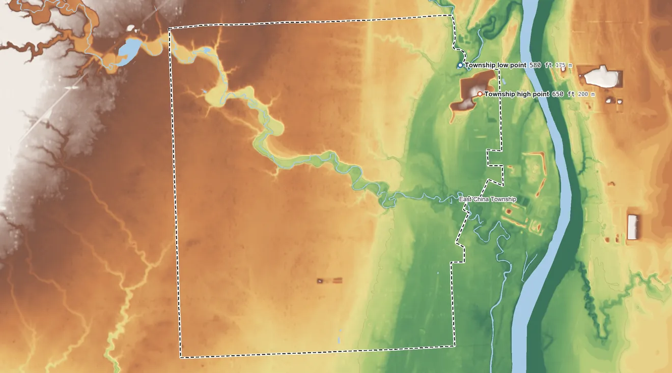 Topographic elevation map of China Township, Michigan, shaded from 580 ft on the northeast side to 650 ft on the northeast side