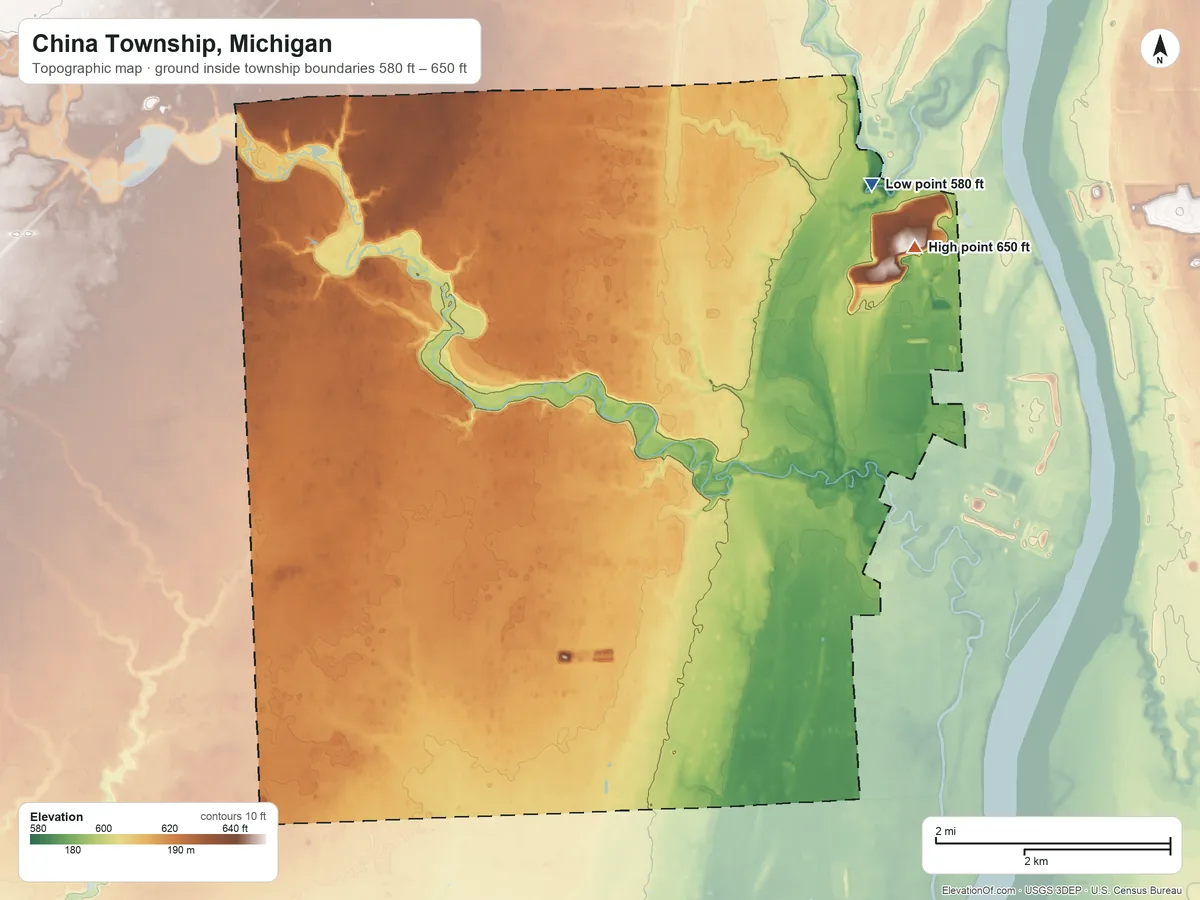 Topographic elevation map of China Township, Michigan, shaded from 580 ft on the northeast side to 650 ft on the northeast side