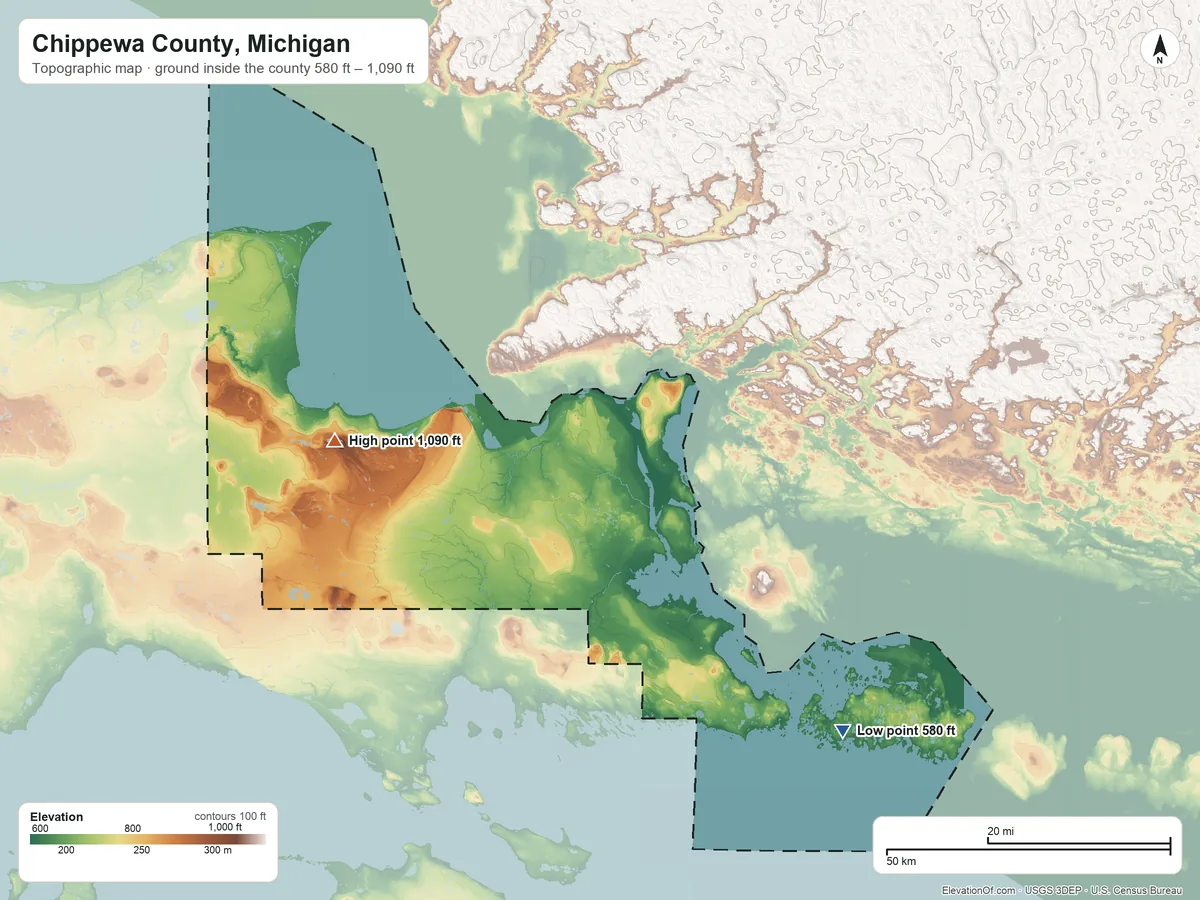 Topographic elevation map of Chippewa County, Michigan, shaded from 580 ft on the shore of Lake Huron to 1,090 ft on the west side