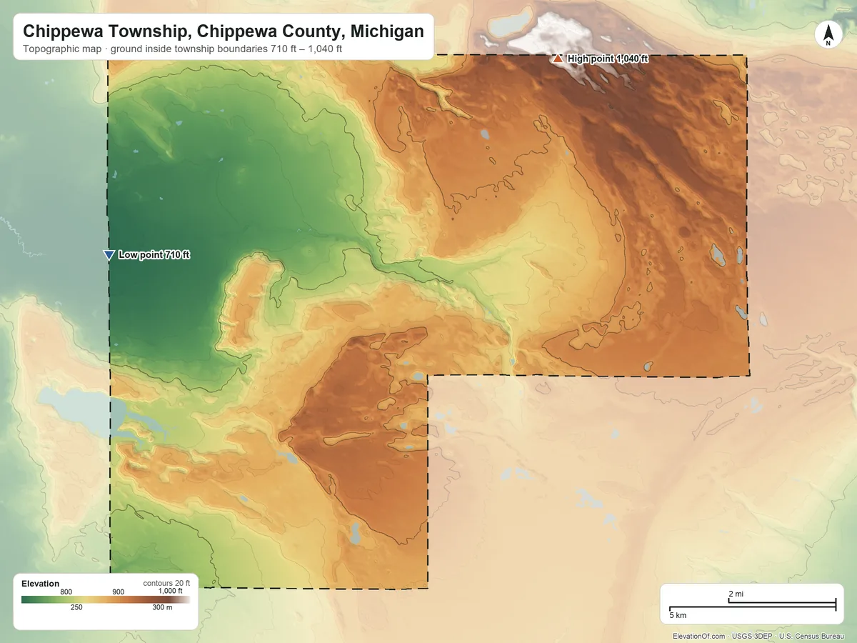 Topographic elevation map of Chippewa Township, Chippewa County, Michigan, shaded from 710 ft on the west side to 1,040 ft on the northeast side