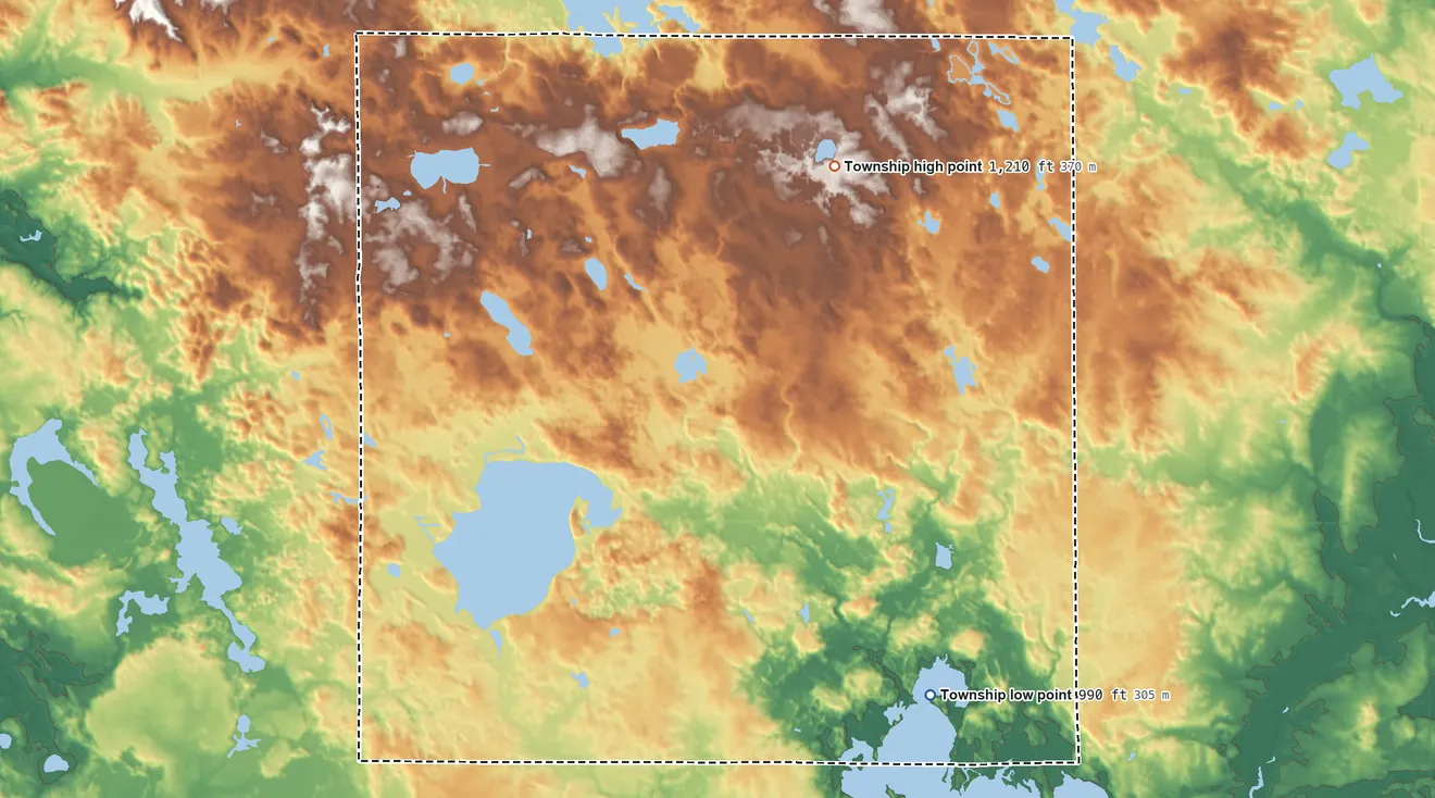 Topographic elevation map of Chippewa Township, Mecosta County, Michigan, shaded from 990 ft on the southeast side to 1,210 ft on the northeast side