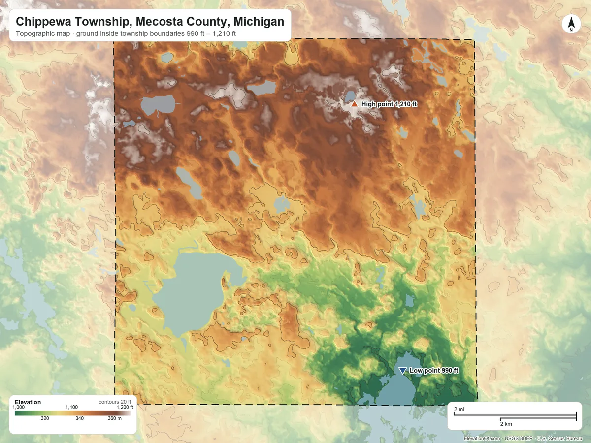 Topographic elevation map of Chippewa Township, Mecosta County, Michigan, shaded from 990 ft on the southeast side to 1,210 ft on the northeast side