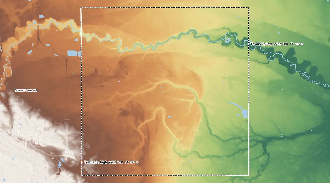 Topographic elevation map of Chippewa Township, Michigan, shaded from 680 ft on the east side to 790 ft on the southwest side