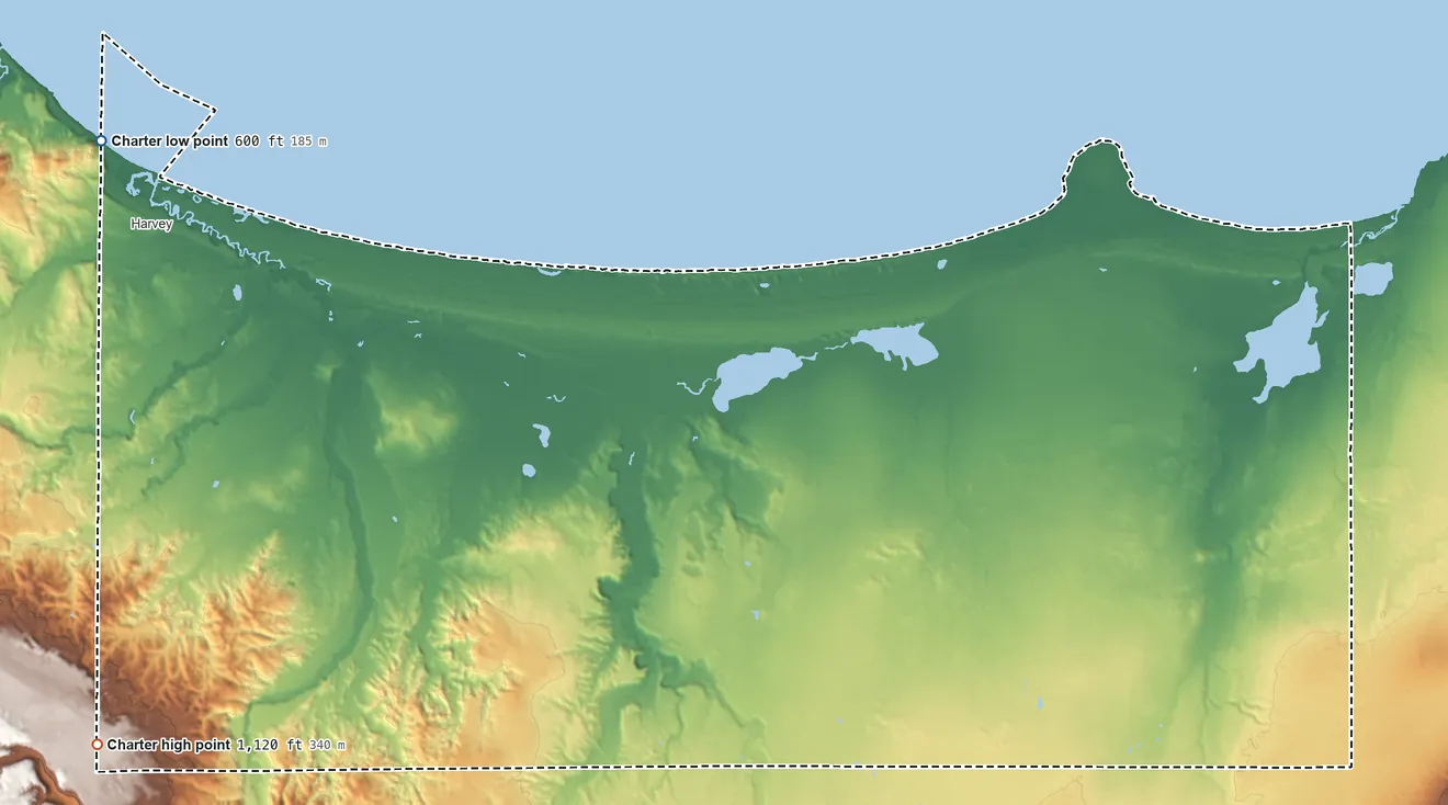 Topographic elevation map of Chocolay Township, Michigan, shaded from 600 ft on the northwest side to 1,120 ft on the southwest side