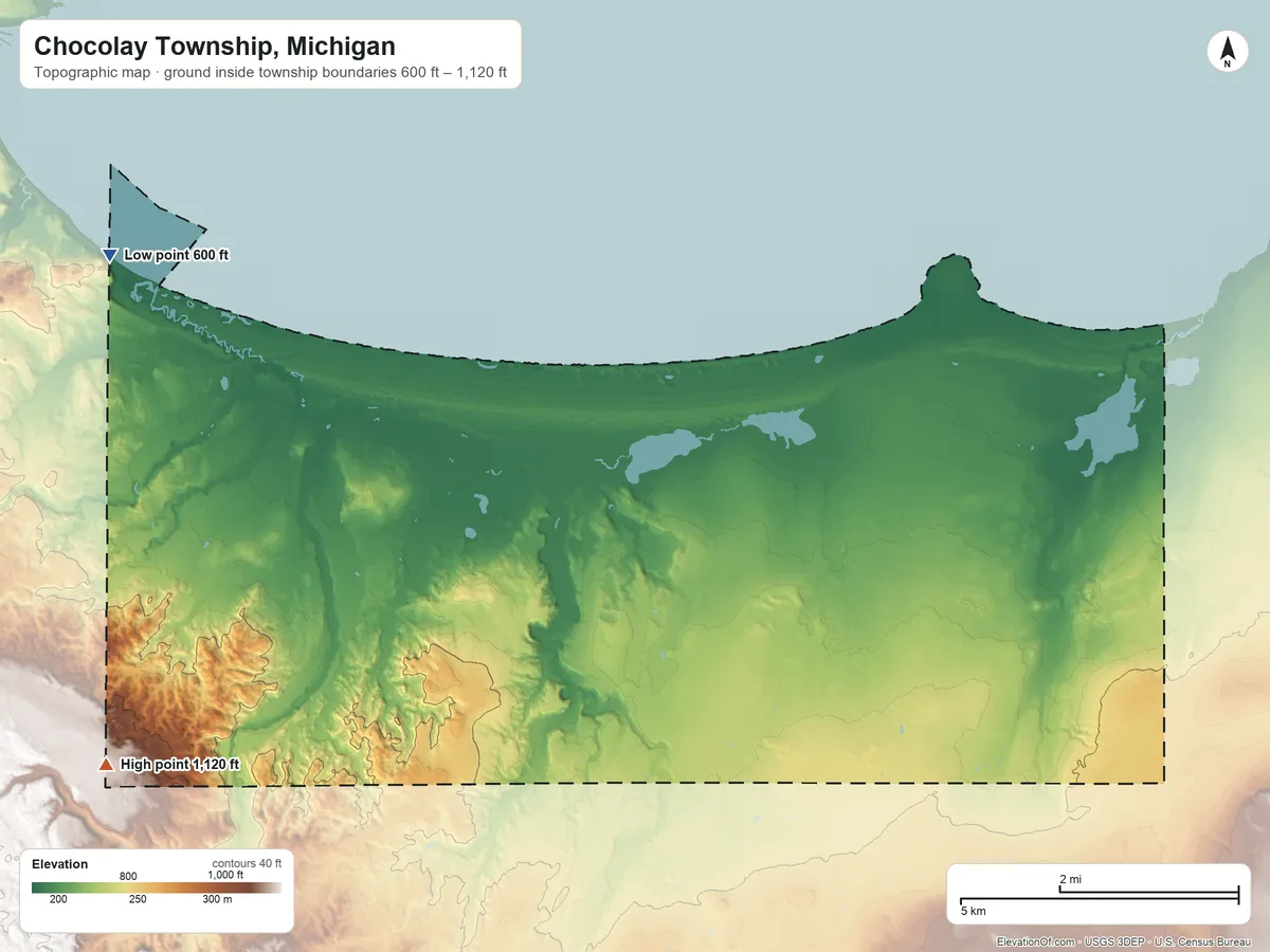 Topographic elevation map of Chocolay Township, Michigan, shaded from 600 ft on the northwest side to 1,120 ft on the southwest side