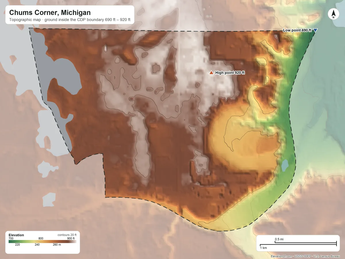 Topographic elevation map of Chums Corner, Michigan, shaded from 690 ft on the east side to 920 ft near the middle