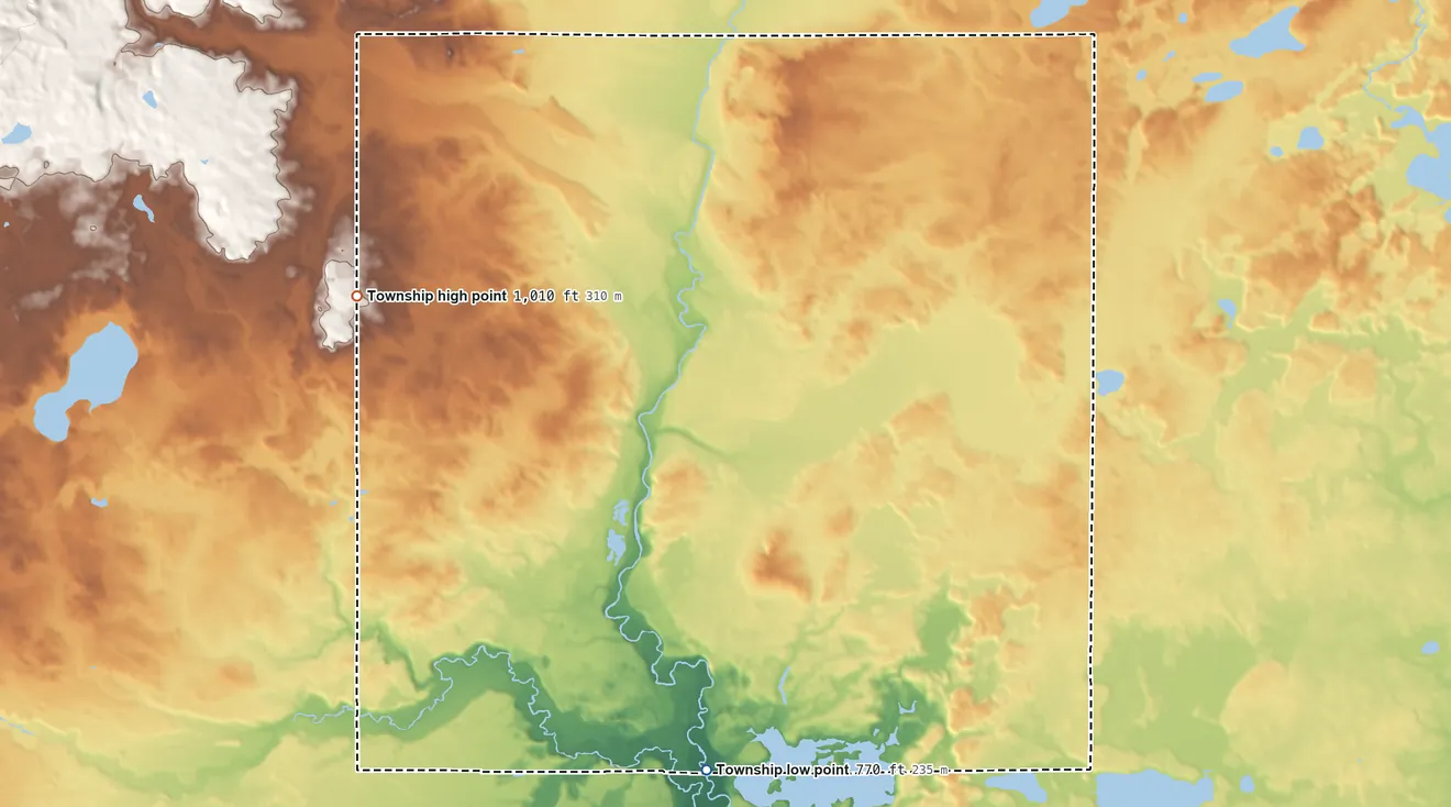 Topographic elevation map of Churchill Township, Michigan, shaded from 770 ft on the south side to 1,010 ft on the northwest side