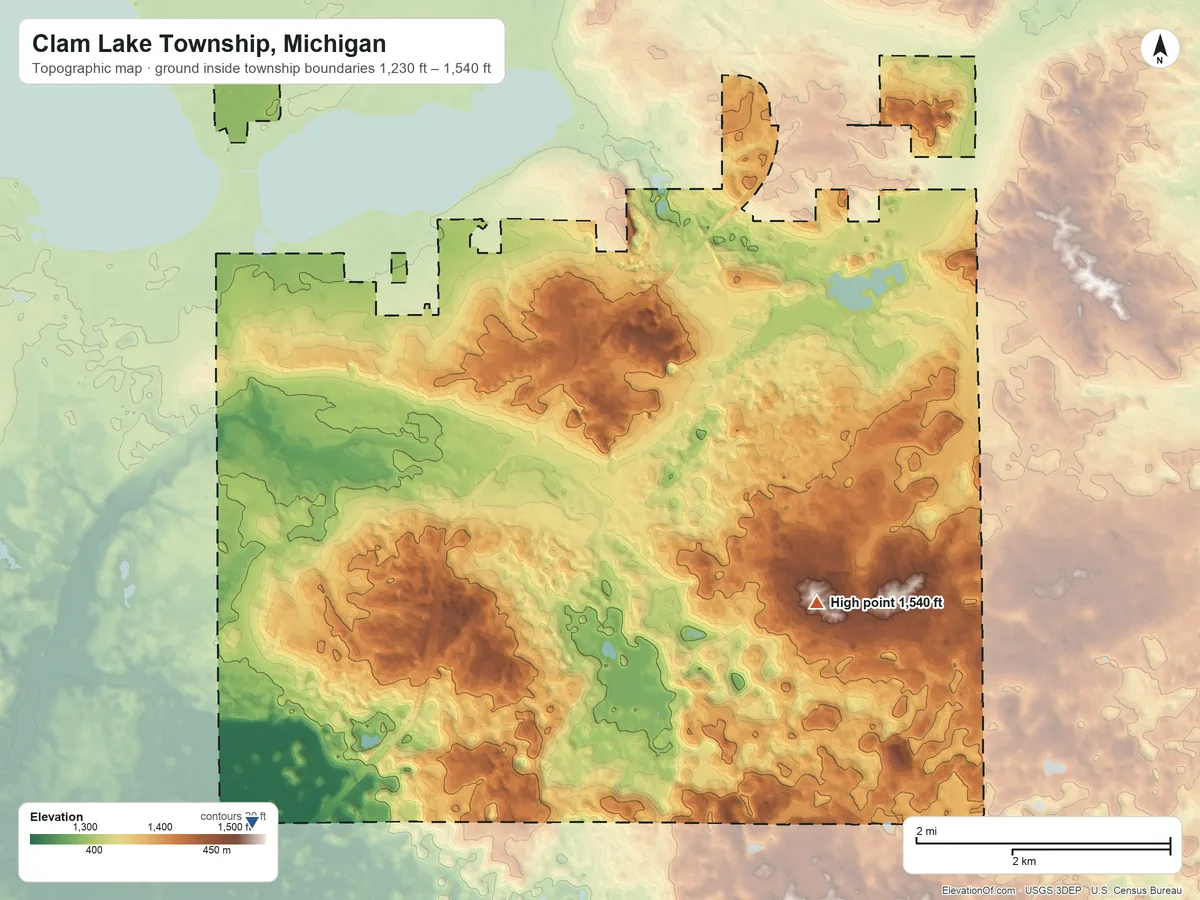 Topographic elevation map of Clam Lake Township, Michigan, shaded from 1,230 ft on the southwest side to 1,540 ft on the southeast side