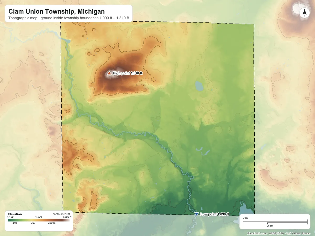 Topographic elevation map of Clam Union Township, Michigan, shaded from 1,090 ft on the southeast side to 1,310 ft near the middle