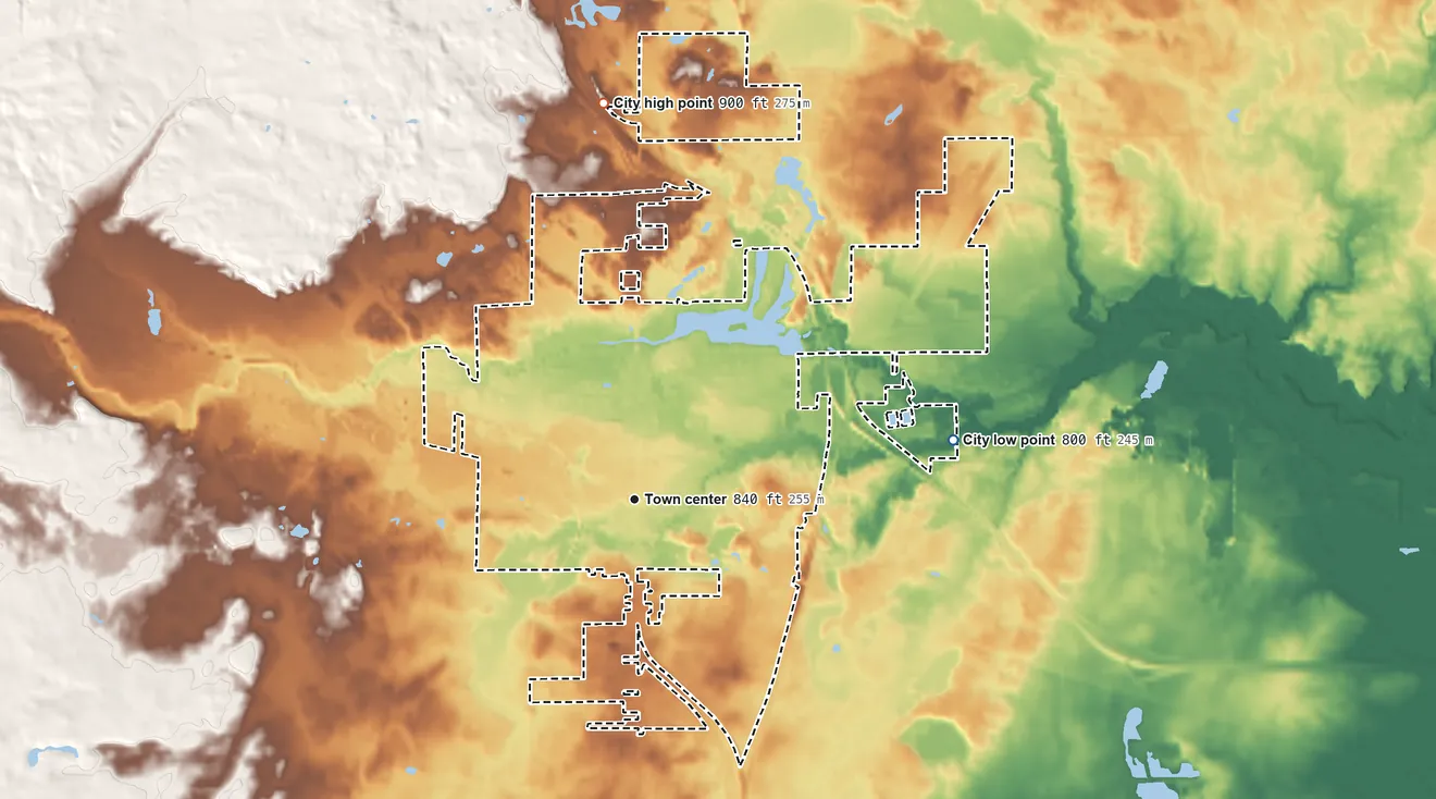 Topographic elevation map of Clare, Michigan, shaded from 800 ft on the east side to 900 ft on the north side
