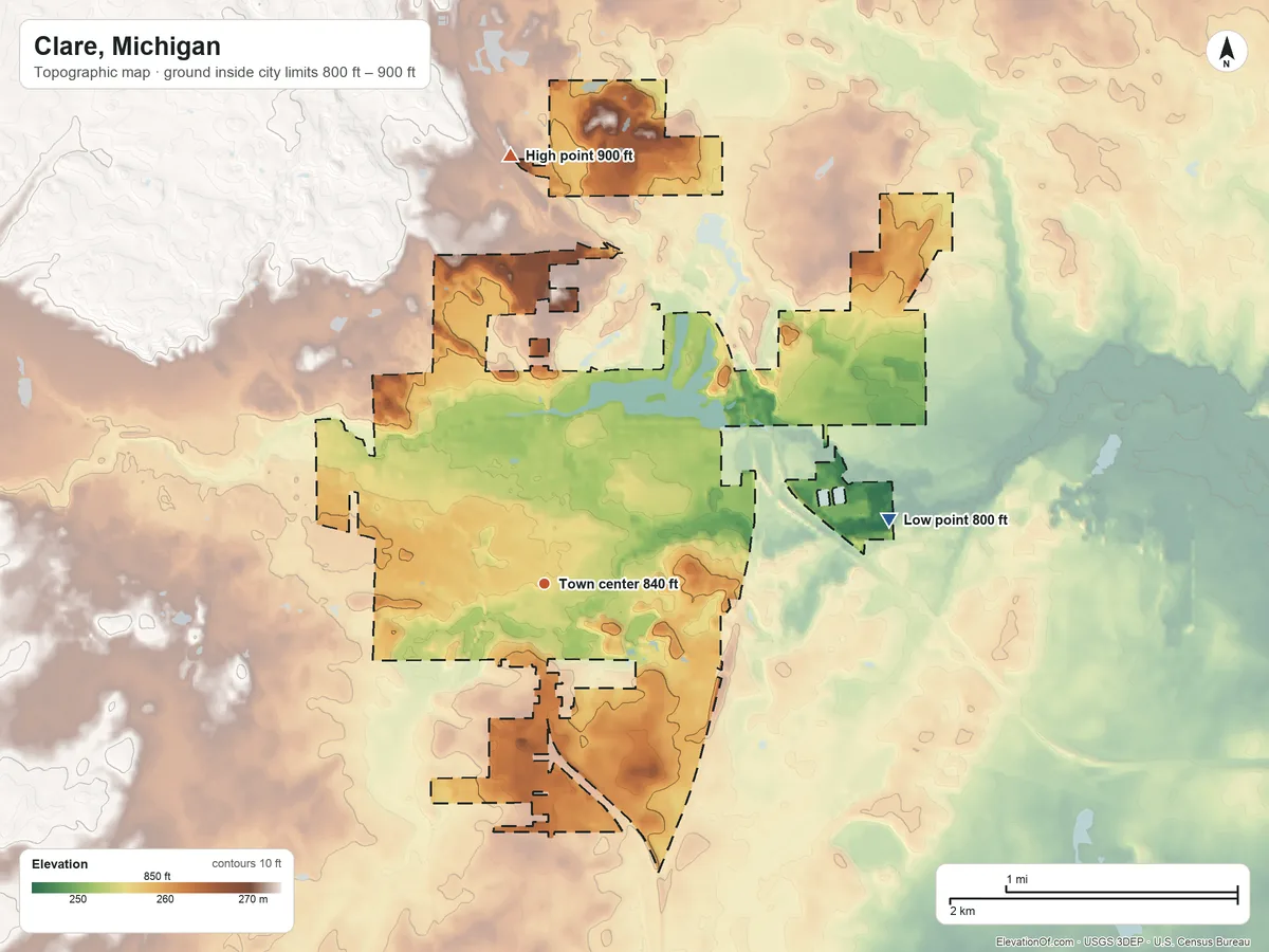 Topographic elevation map of Clare, Michigan, shaded from 800 ft on the east side to 900 ft on the north side