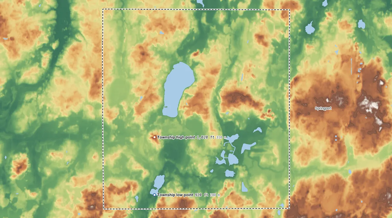 Topographic elevation map of Clarence Township, Michigan, shaded from 920 ft on the south side to 1,020 ft on the southwest side
