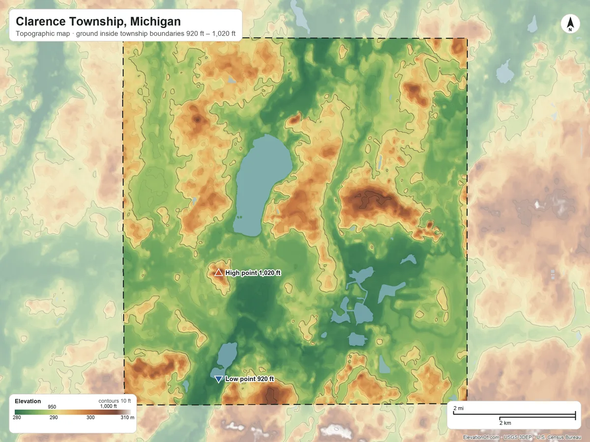 Topographic elevation map of Clarence Township, Michigan, shaded from 920 ft on the south side to 1,020 ft on the southwest side