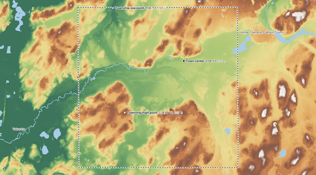 Topographic elevation map of Clarendon Township, Michigan, shaded from 950 ft on the northwest side to 1,030 ft on the southwest side
