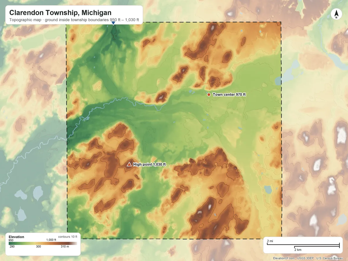Topographic elevation map of Clarendon Township, Michigan, shaded from 950 ft on the northwest side to 1,030 ft on the southwest side