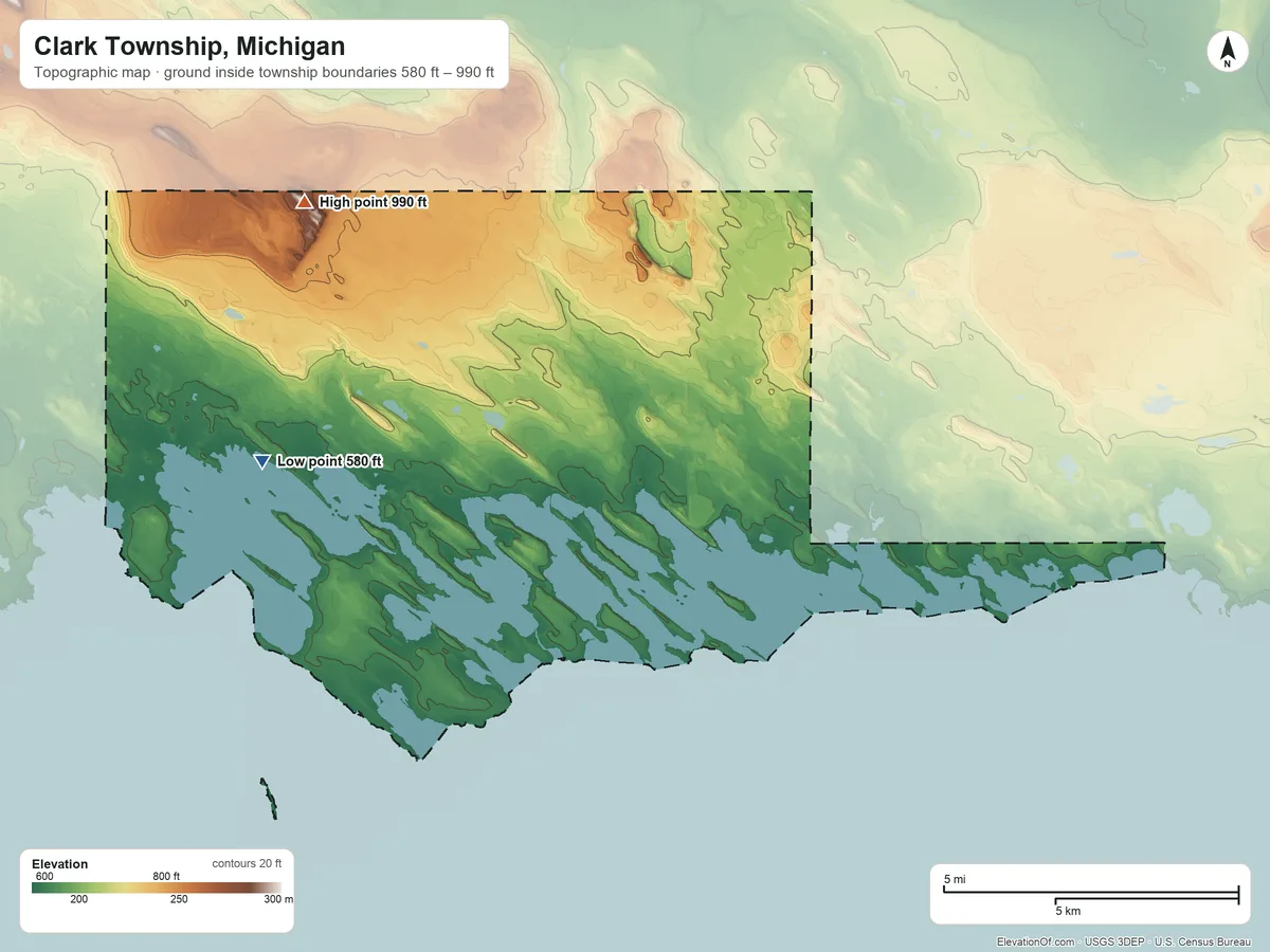 Topographic elevation map of Clark Township, Michigan, shaded from 580 ft on the west side to 990 ft on the northwest side