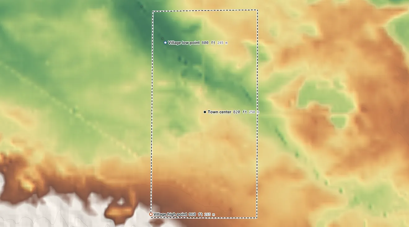 Topographic elevation map of Clarksville, Michigan, shaded from 800 ft on the northwest side to 860 ft on the southwest side