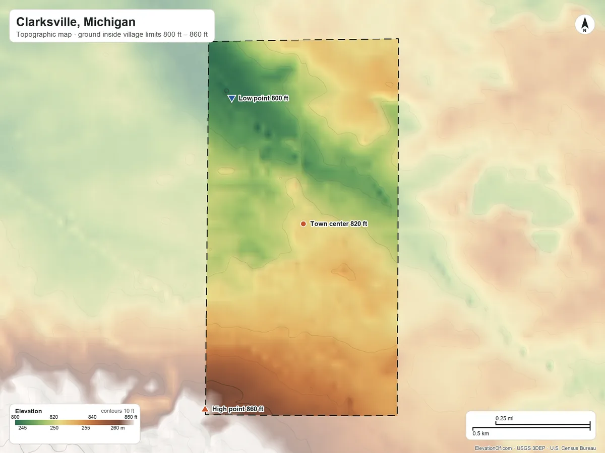 Topographic elevation map of Clarksville, Michigan, shaded from 800 ft on the northwest side to 860 ft on the southwest side