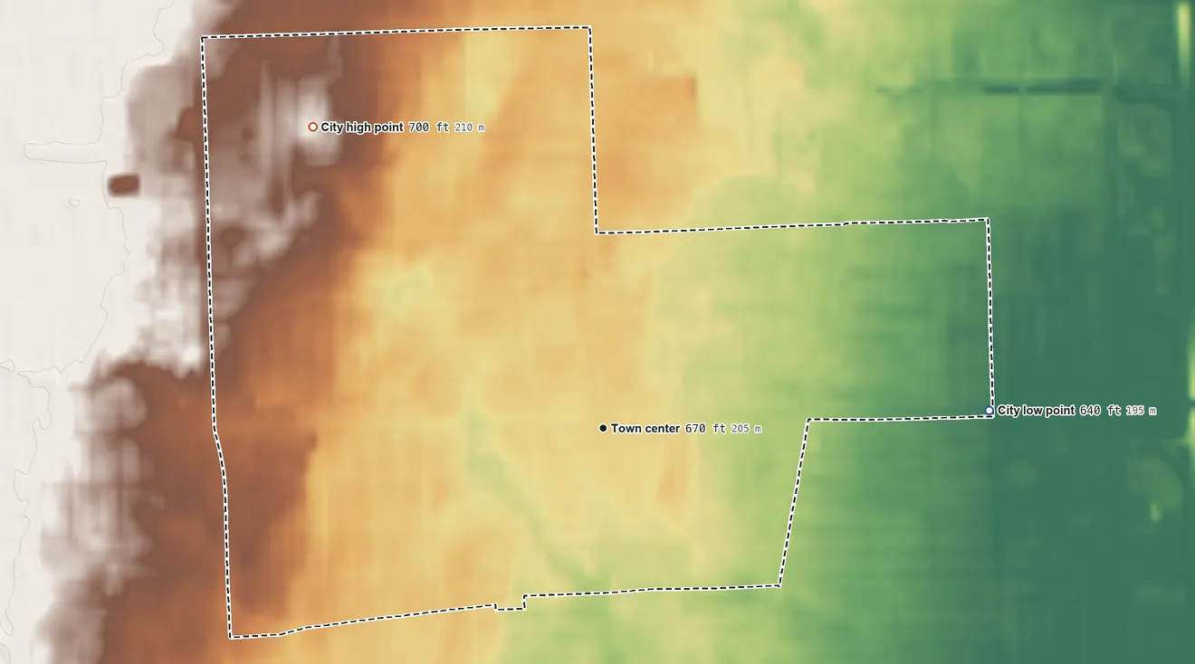 Topographic elevation map of Clawson, Michigan, shaded from 640 ft on the east side to 700 ft on the northwest side
