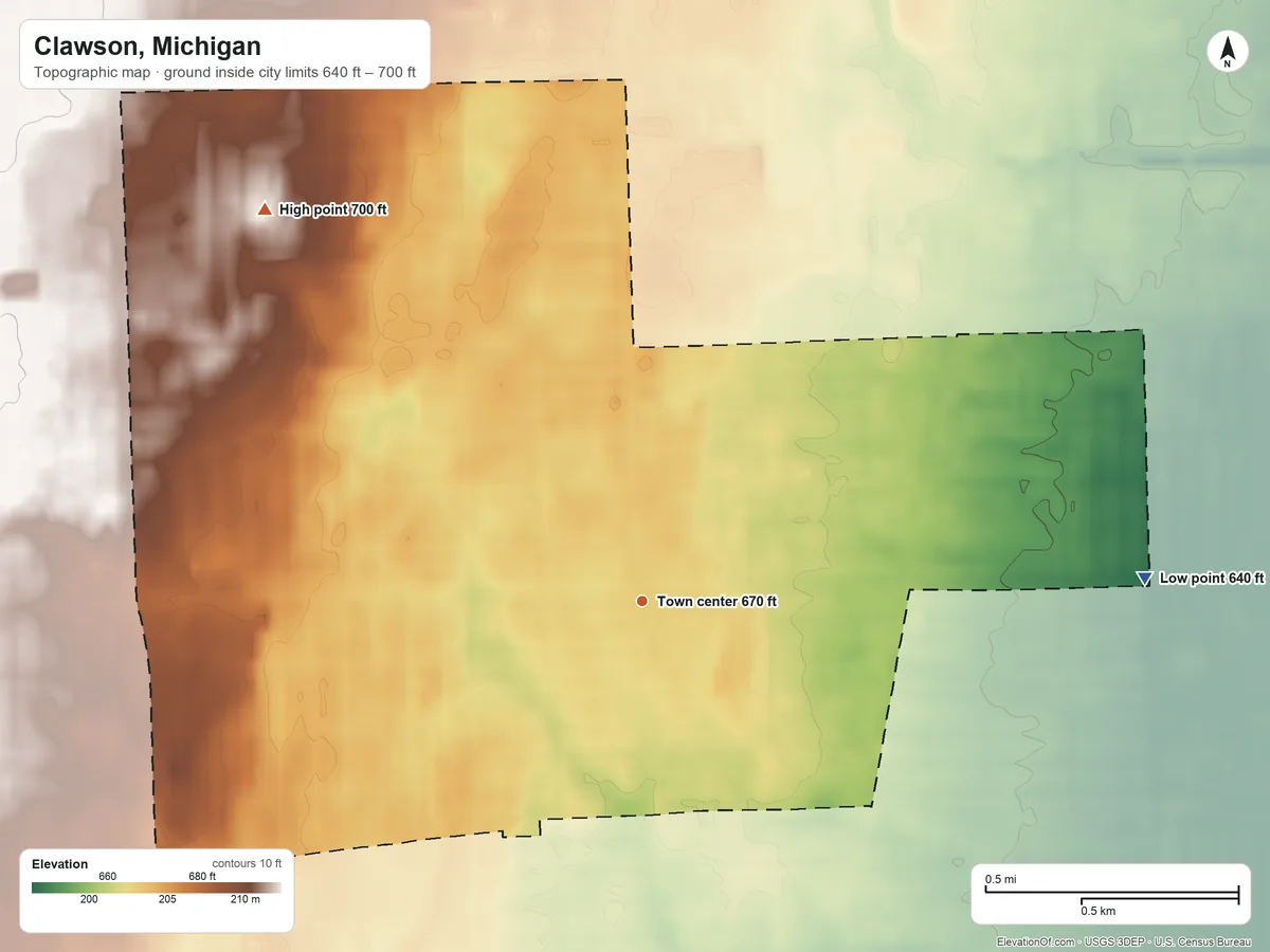 Topographic elevation map of Clawson, Michigan, shaded from 640 ft on the east side to 700 ft on the northwest side