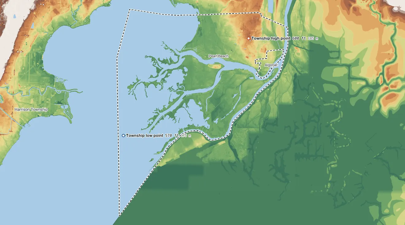Topographic elevation map of Clay Township, Michigan, shaded from 570 ft on the southwest side to 600 ft near the middle