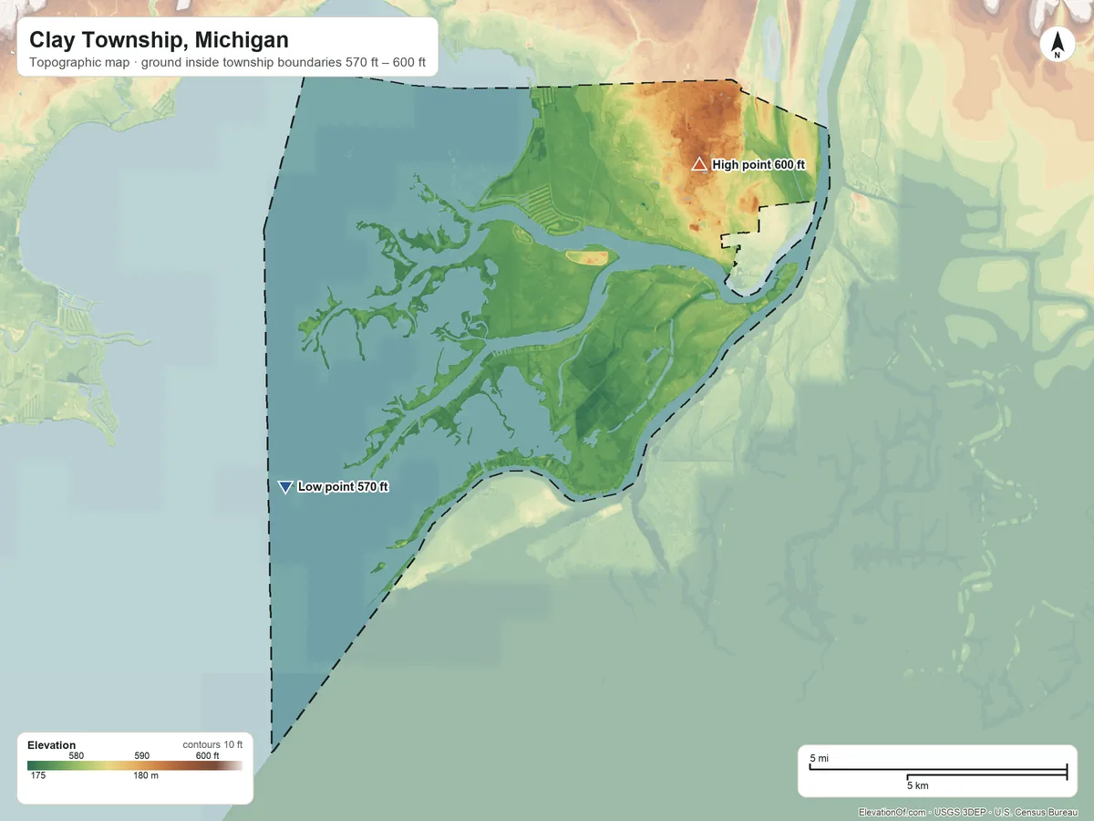 Topographic elevation map of Clay Township, Michigan, shaded from 570 ft on the southwest side to 600 ft near the middle