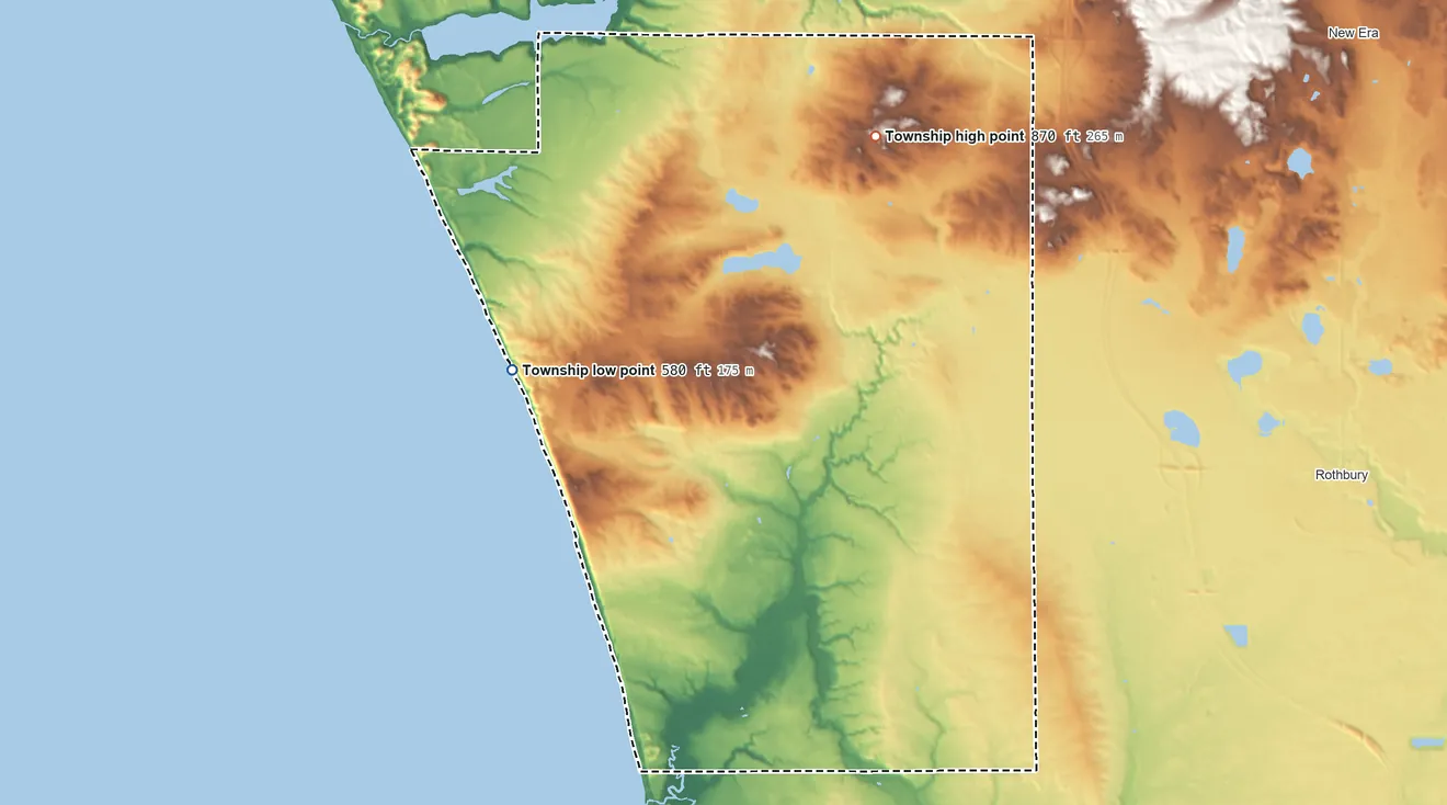 Topographic elevation map of Claybanks Township, Michigan, shaded from 580 ft on the west side to 870 ft on the northeast side