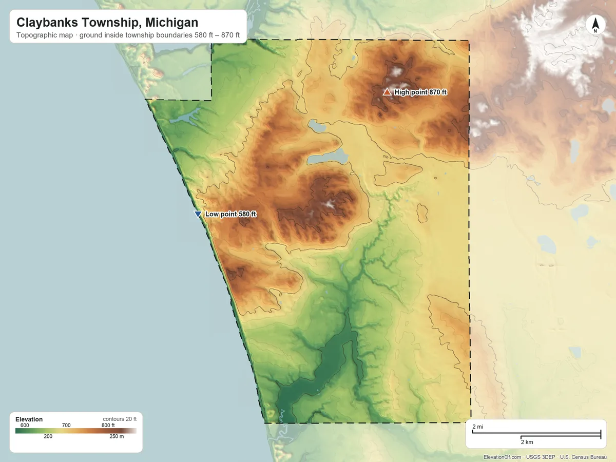 Topographic elevation map of Claybanks Township, Michigan, shaded from 580 ft on the west side to 870 ft on the northeast side