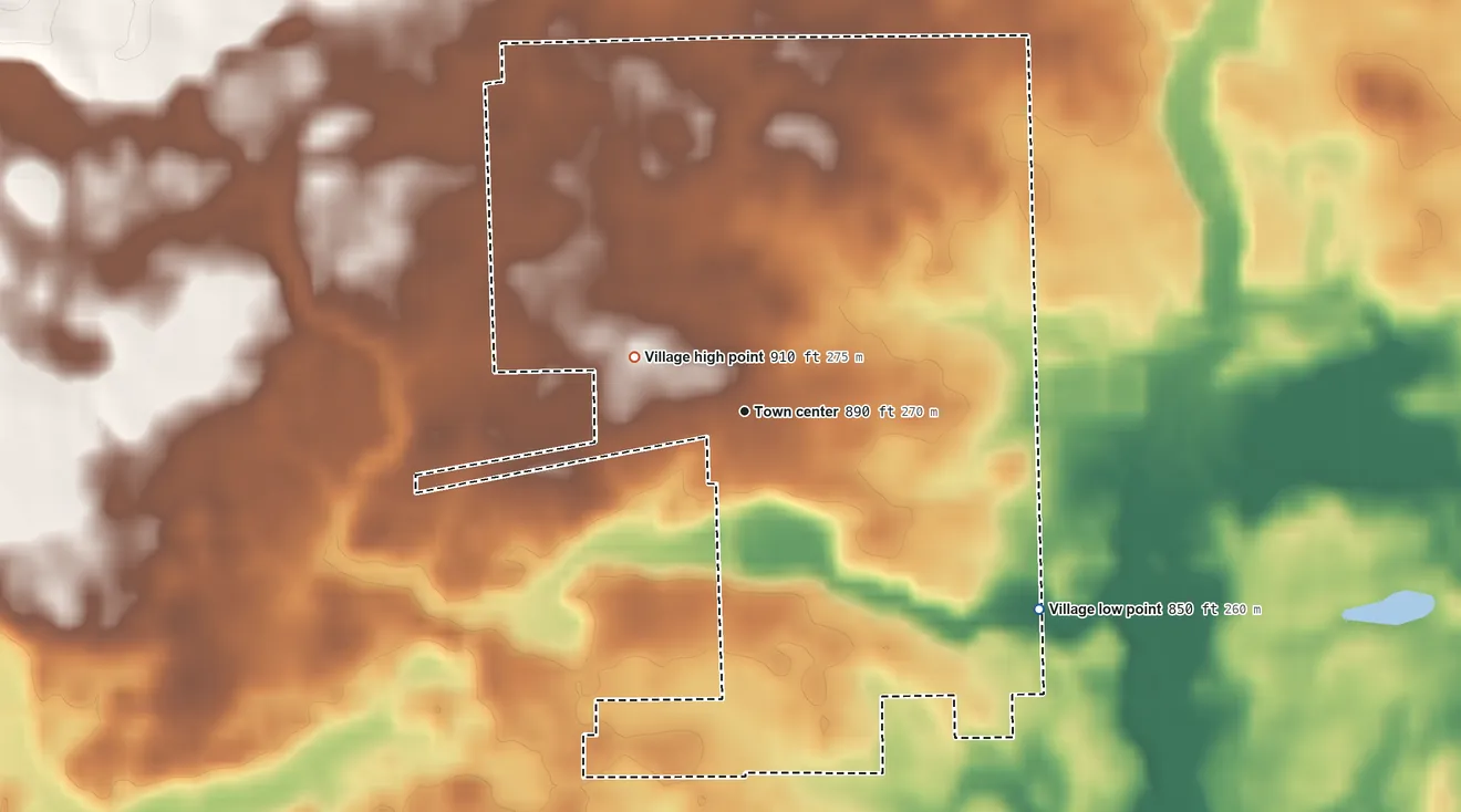 Topographic elevation map of Clayton, Michigan, shaded from 850 ft on the southeast side to 910 ft on the northwest side