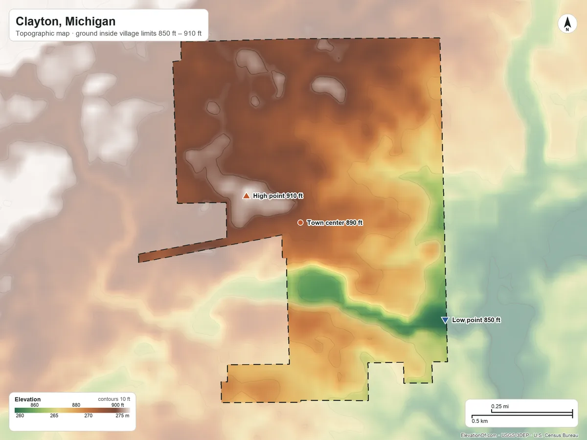 Topographic elevation map of Clayton, Michigan, shaded from 850 ft on the southeast side to 910 ft on the northwest side