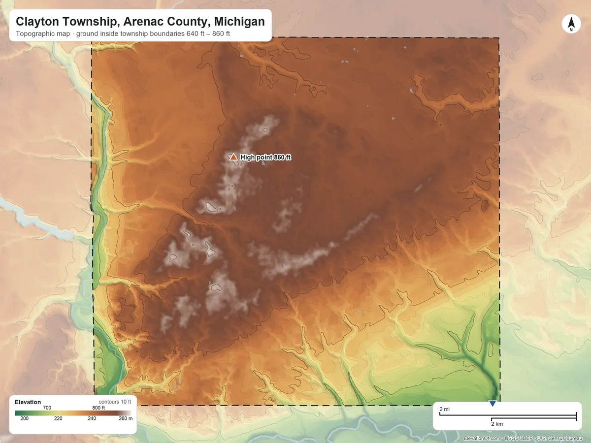 Topographic elevation map of Clayton Township, Arenac County, Michigan, shaded from 640 ft on the southeast side to 860 ft on the northwest side