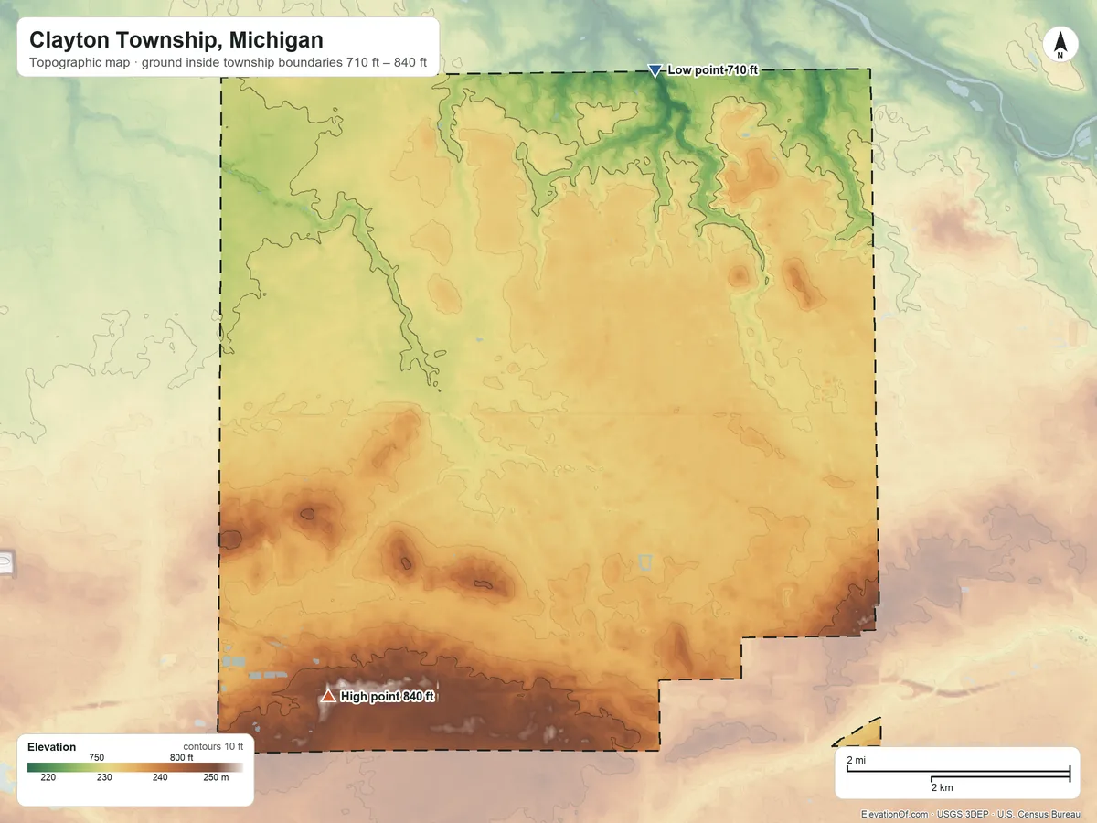 Topographic elevation map of Clayton Township, Michigan, shaded from 710 ft on the north side to 840 ft on the southwest side