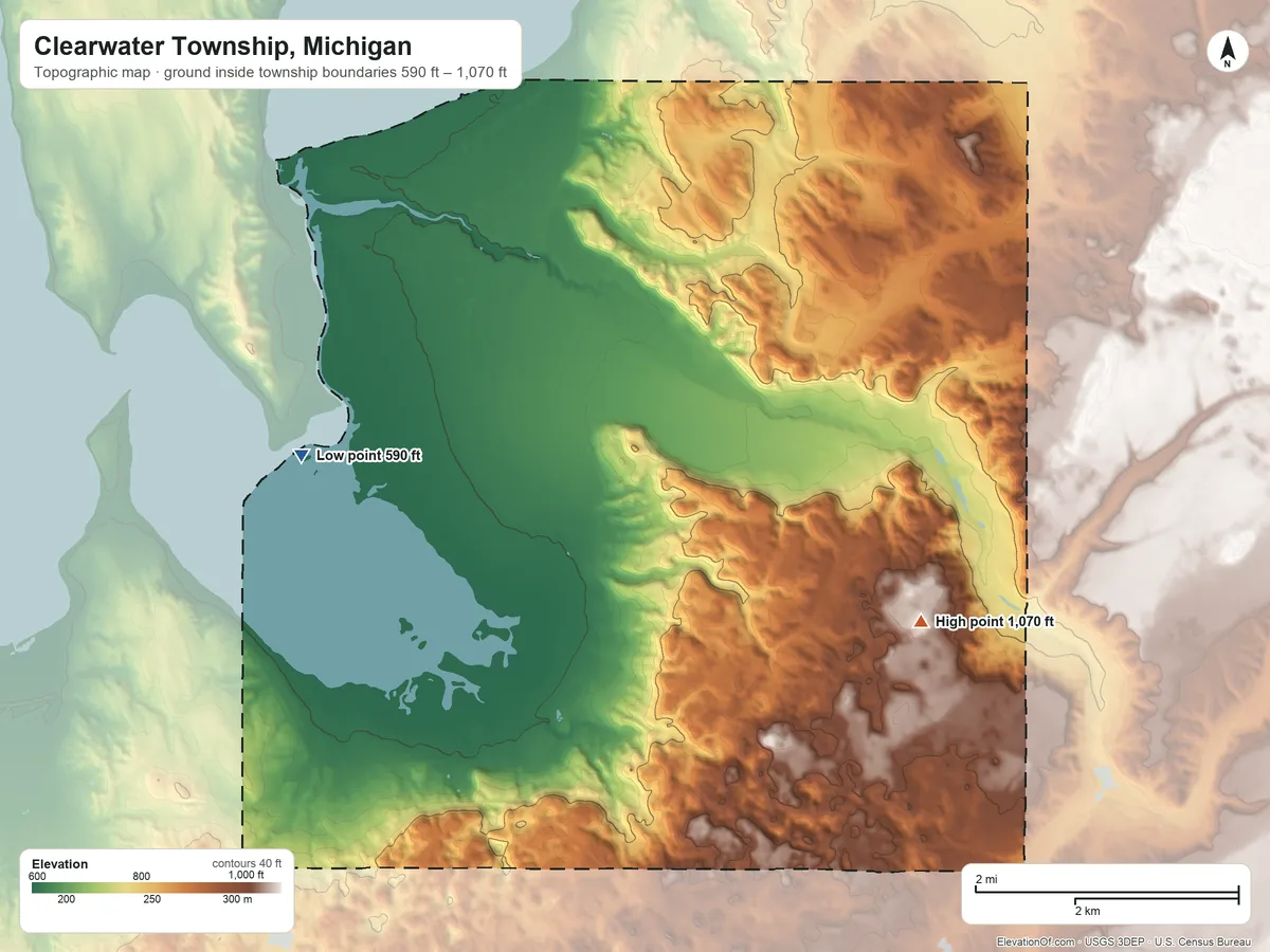 Topographic elevation map of Clearwater Township, Michigan, shaded from 590 ft on the west side to 1,070 ft on the southeast side