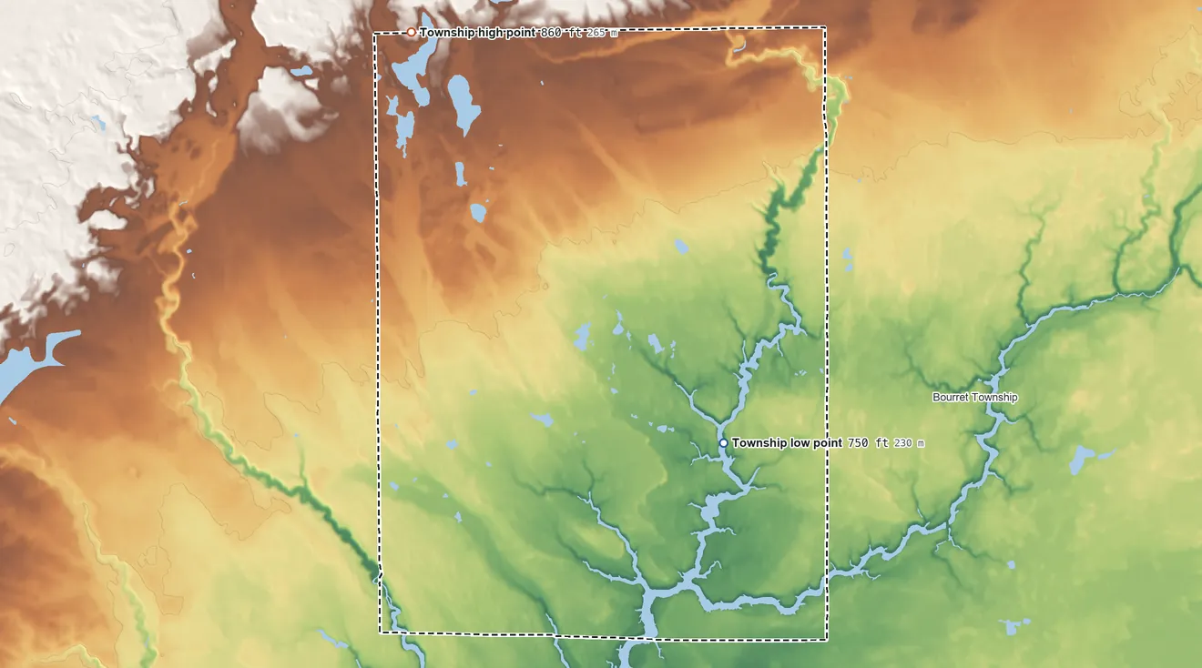 Topographic elevation map of Clement Township, Michigan, shaded from 750 ft on the east side to 860 ft on the northwest side