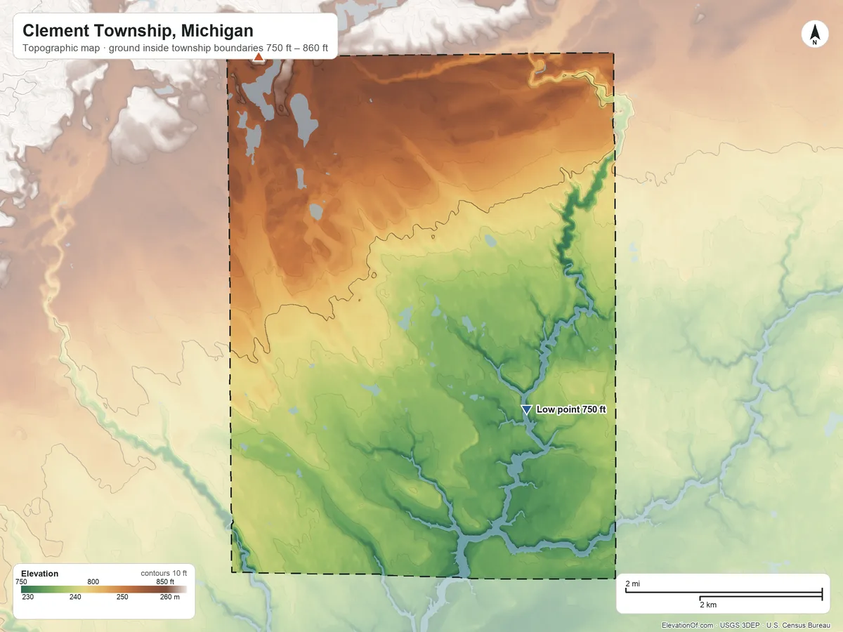 Topographic elevation map of Clement Township, Michigan, shaded from 750 ft on the east side to 860 ft on the northwest side