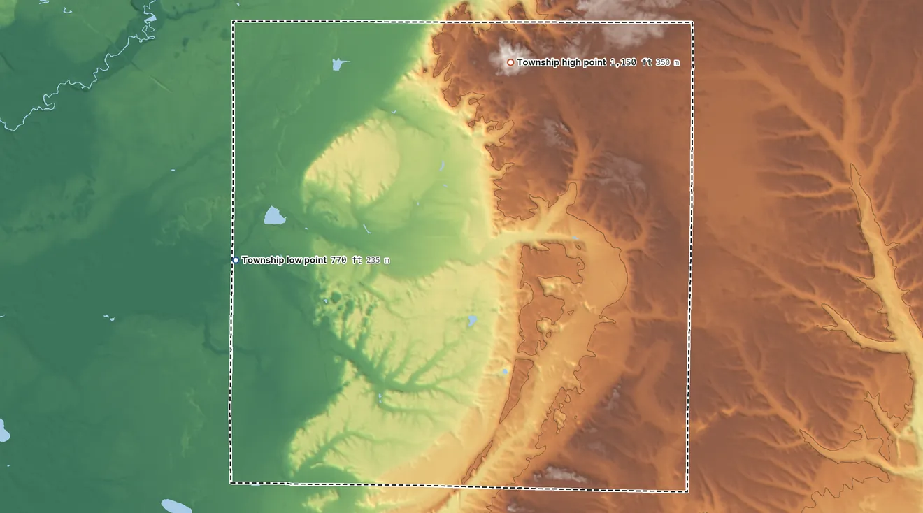 Topographic elevation map of Cleon Township, Michigan, shaded from 770 ft on the west side to 1,150 ft on the north side