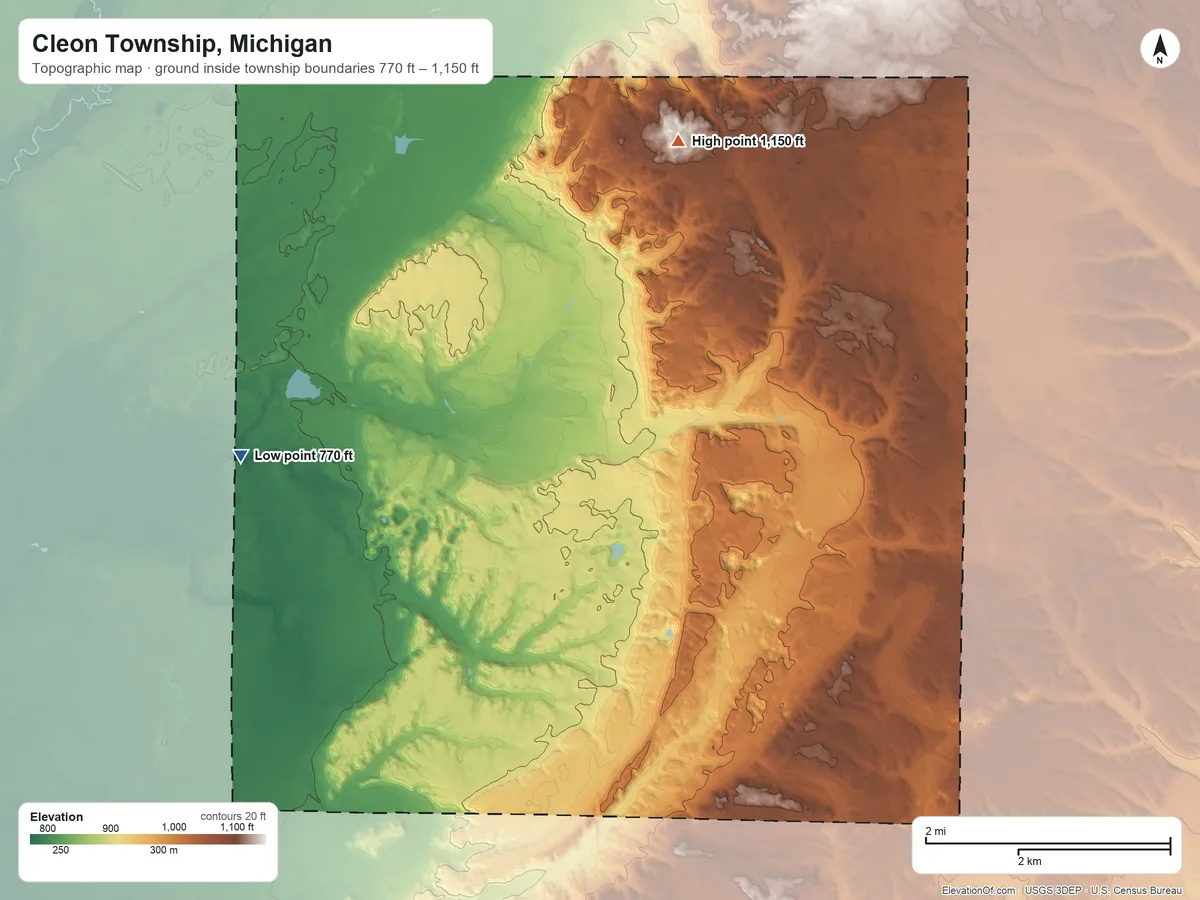 Topographic elevation map of Cleon Township, Michigan, shaded from 770 ft on the west side to 1,150 ft on the north side