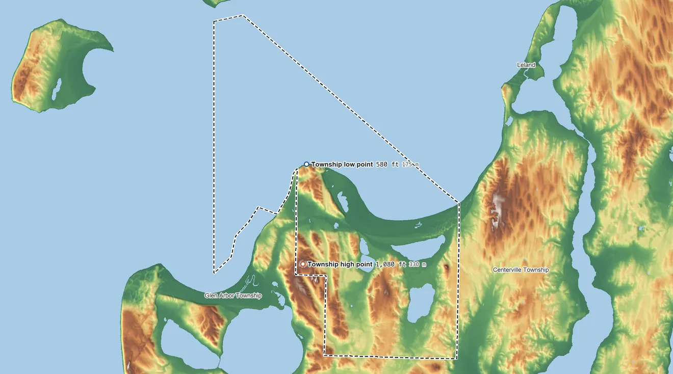 Topographic elevation map of Cleveland Township, Michigan, shaded from 580 ft on the northwest side to 1,080 ft on the west side