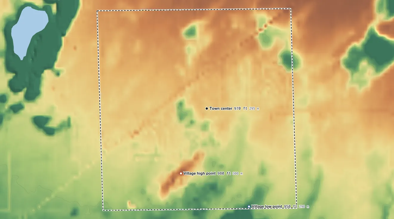 Topographic elevation map of Climax, Michigan, shaded from 950 ft on the southeast side to 980 ft on the south side