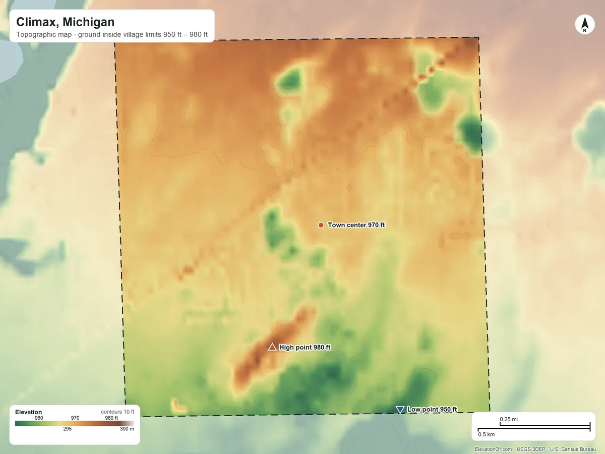 Topographic elevation map of Climax, Michigan, shaded from 950 ft on the southeast side to 980 ft on the south side
